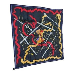 Scarf Ellen Tracy 100% Sllk Lions Crest Square 34x34 Inches Red Gold Ribbon Bows